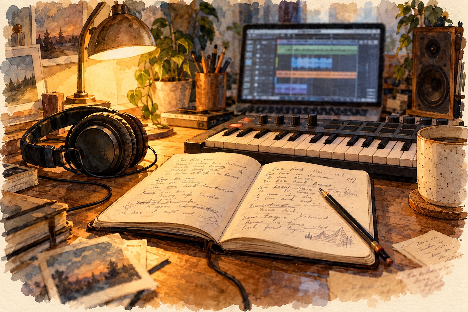 An illustrated songwriting desk with a notebook, headphones and a small keyboard.