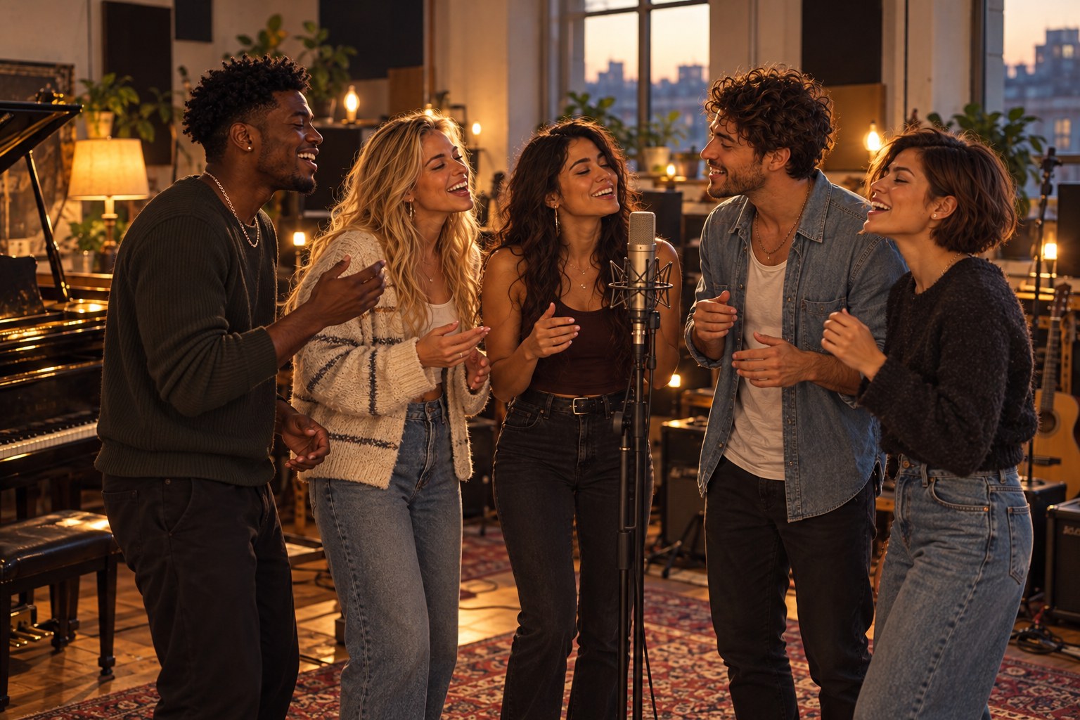 Gefea trying harmonies together in their first shared studio session.