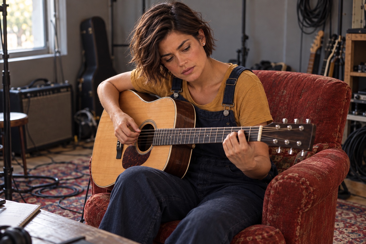 Alma trying a guitar.