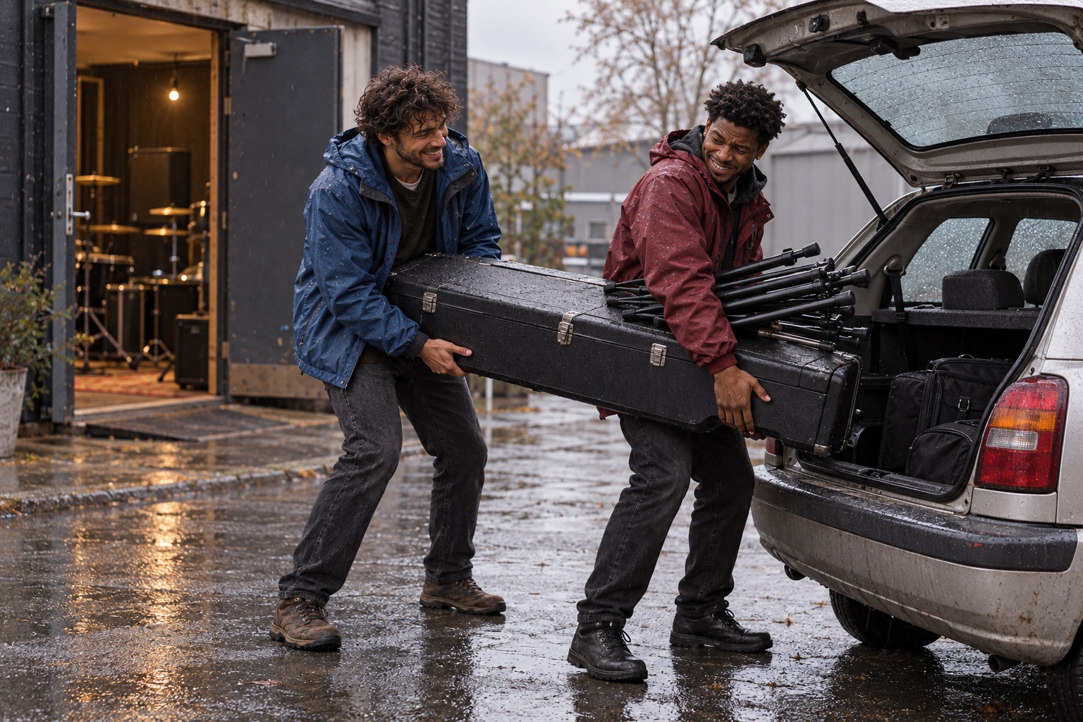 Elias and Gabriel carrying equipment.