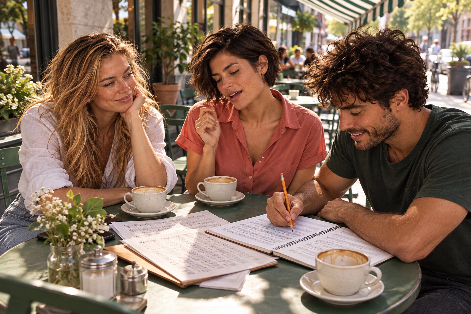 Coffee and sheet music, three members.
