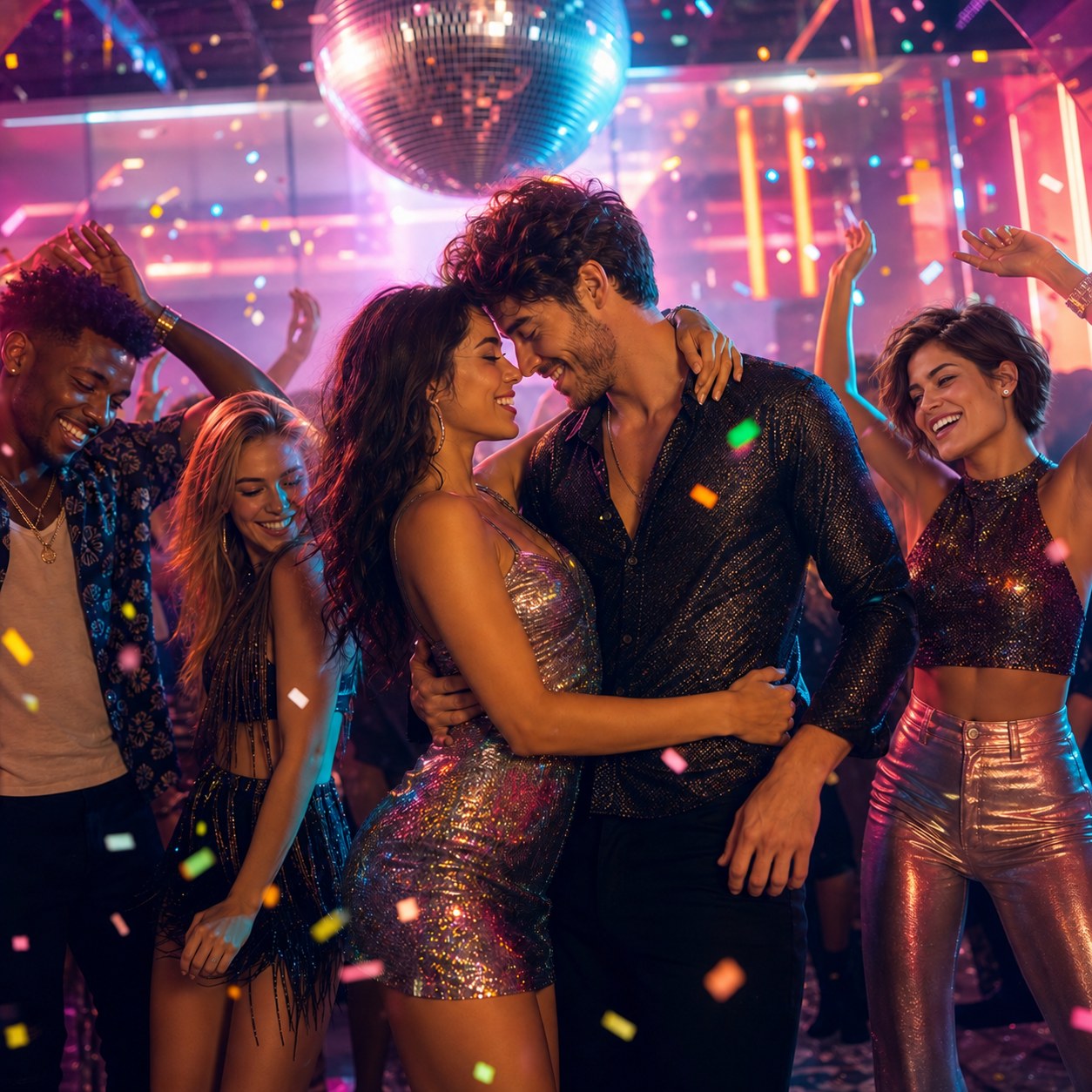 The five members of Gefea dancing together beneath a disco ball.