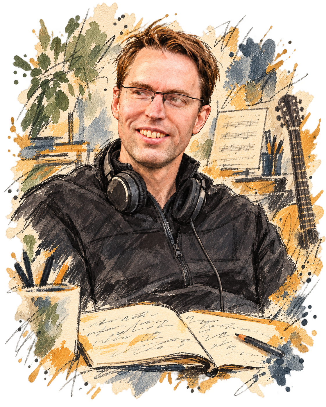 A hand-drawn portrait of Peter de Verdier, smiling behind rectangular glasses, with headphones and a notebook.