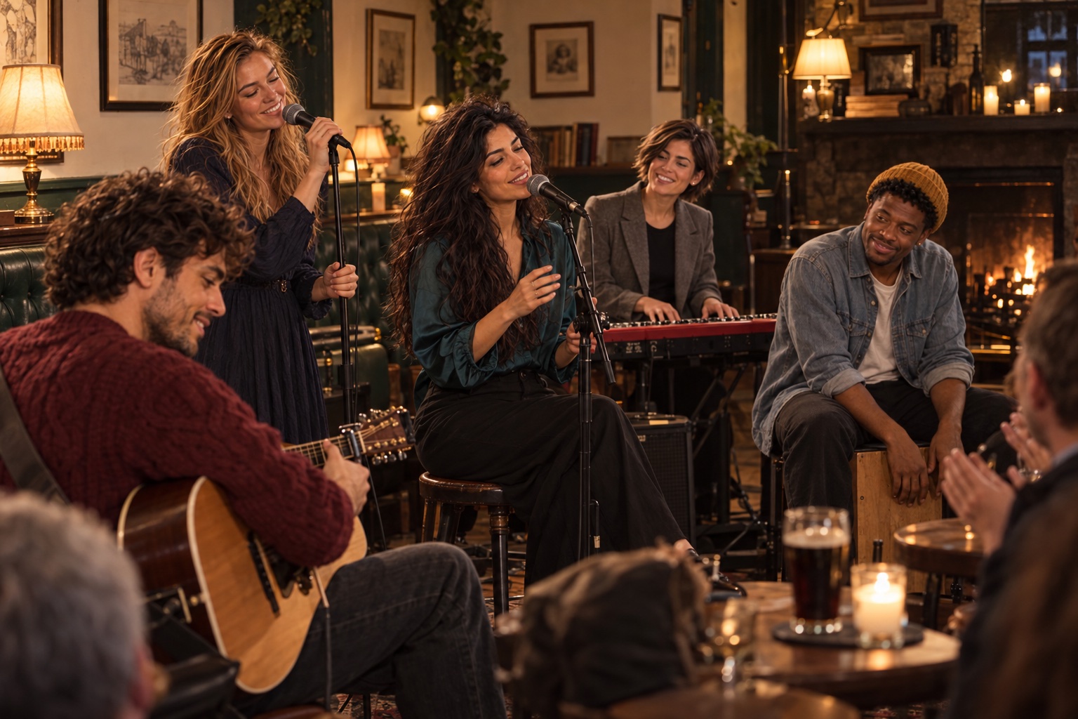 Gefea sharing an intimate encore in a traditional pub, seen from beside the performers.