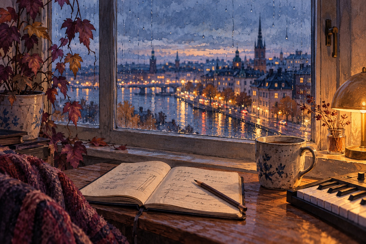 An illustrated notebook and keyboard beside a rainy autumn window.