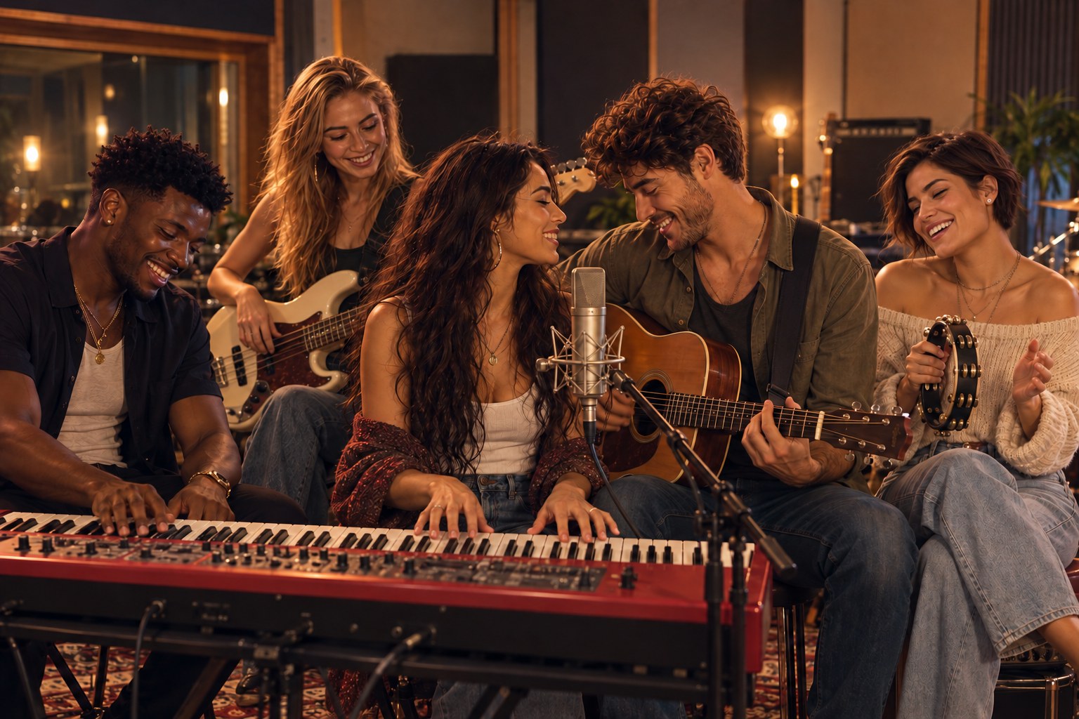Gefea enjoying a shared music session in the studio.