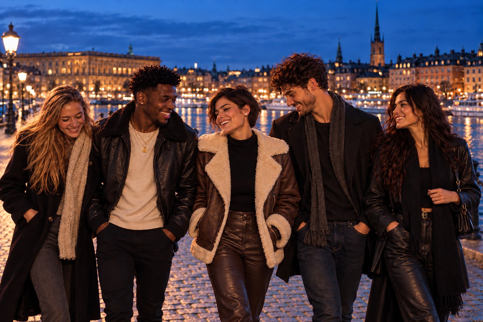 Gefea walking together by the Stockholm waterfront in the evening.